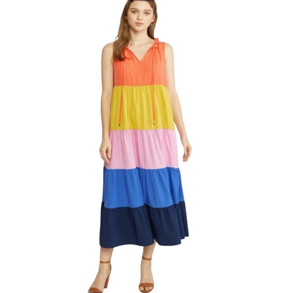 Entro Color Block Sleeveless Maxi Dress Size Large Coral Yellow Pink Blue